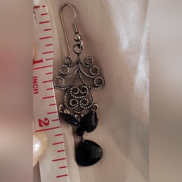 Fancy Scroll, chandelier dangle, black faceted acrylic crystals earrings. - Picture 5 of 5
